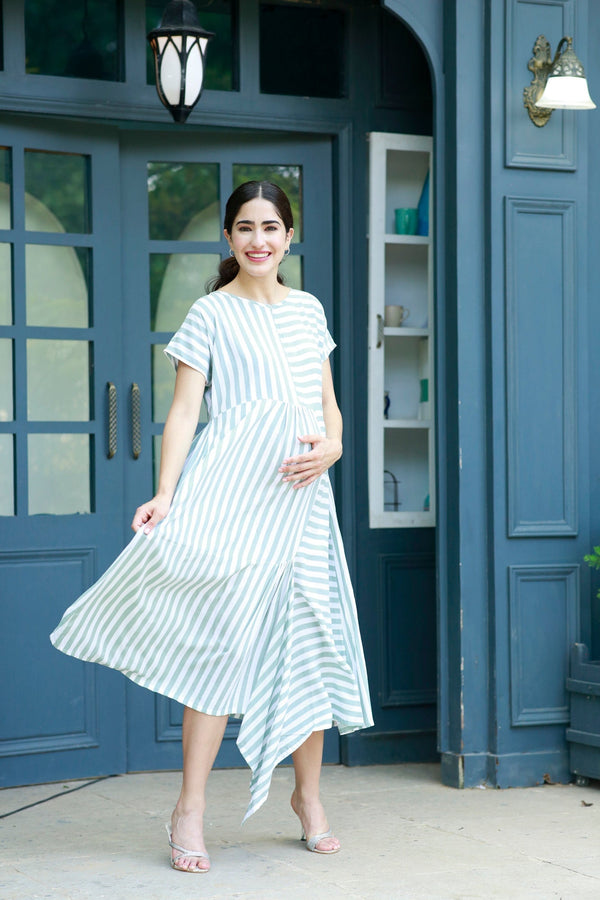 Love Sage Green Striped Maternity & Nursing Dress momzjoy.com