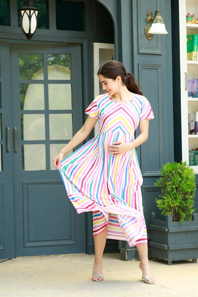Aztec Multicolor Striped Maternity & Nursing Dress MOMZJOY.COM