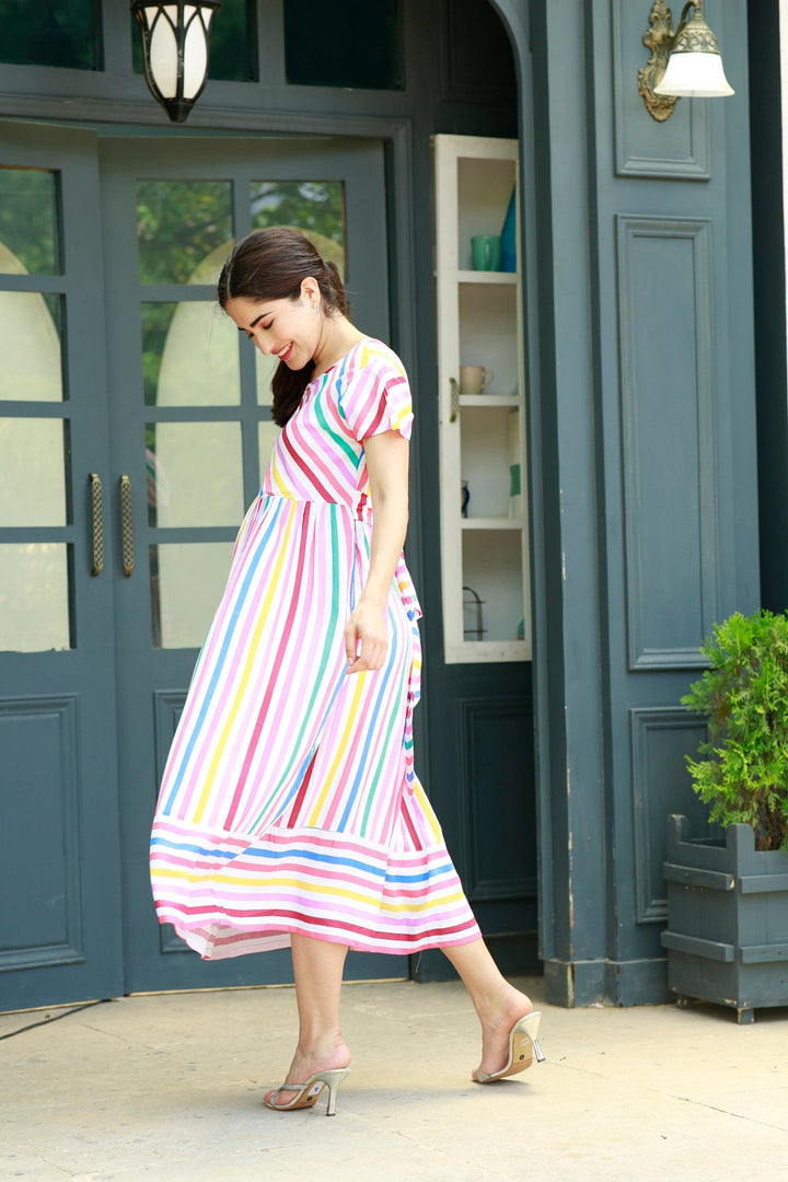 Aztec Multicolor Striped Maternity & Nursing Dress MOMZJOY.COM