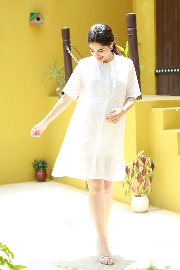 Forever Cool White Versatile Maternity & Nursing Knee Shirt Dress momzjoy.com