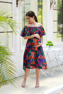 Retro Abstract Blue Off-Shoulder Maternity Frill Dress MOMZJOY.COM