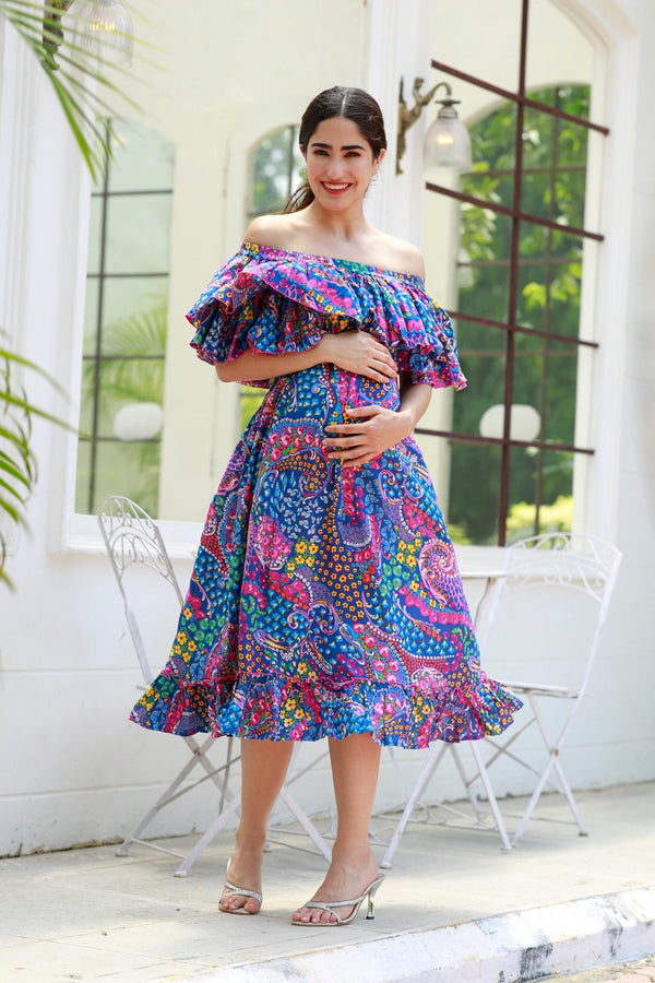 Cheery Colorful Blue Off-Shoulder Maternity Maxi MOMZJOY.COM
