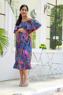 Cheery Colorful Blue Off-Shoulder Maternity Maxi MOMZJOY.COM