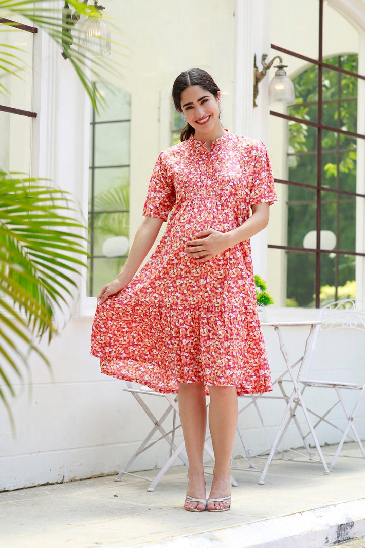 Carrot Punch Floral Maternity & Nursing Frill Shirt Dress momzjoy.com