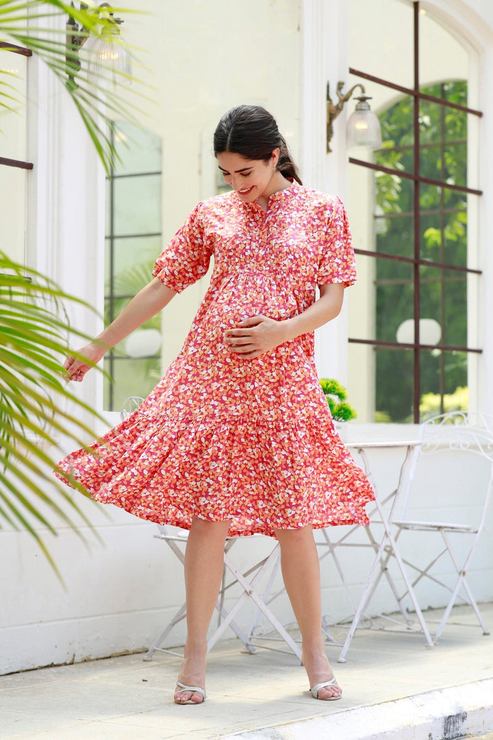 Carrot Punch Floral Maternity & Nursing Frill Shirt Dress momzjoy.com