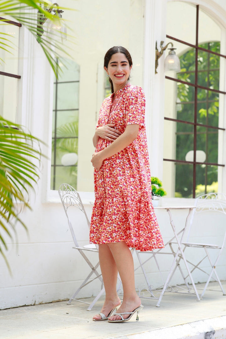 Carrot Punch Floral Maternity & Nursing Frill Shirt Dress momzjoy.com