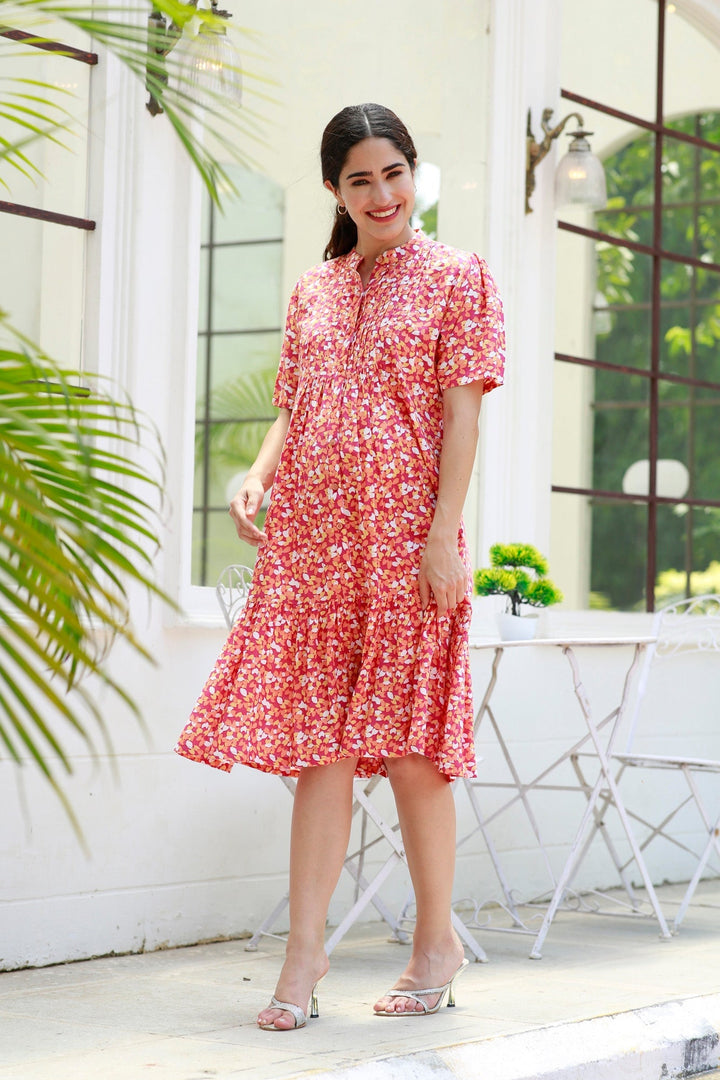 Carrot Punch Floral Maternity & Nursing Frill Shirt Dress momzjoy.com