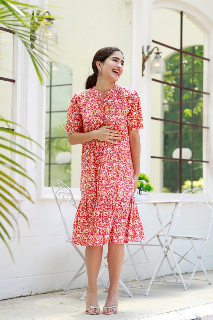 Carrot Punch Floral Maternity & Nursing Frill Shirt Dress momzjoy.com