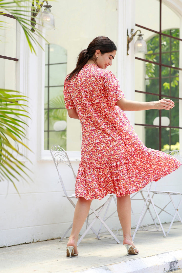 Carrot Punch Floral Maternity & Nursing Frill Shirt Dress momzjoy.com