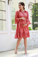 Breezy Blush Red Maternity Polka Knee Frill Dress momzjoy.com