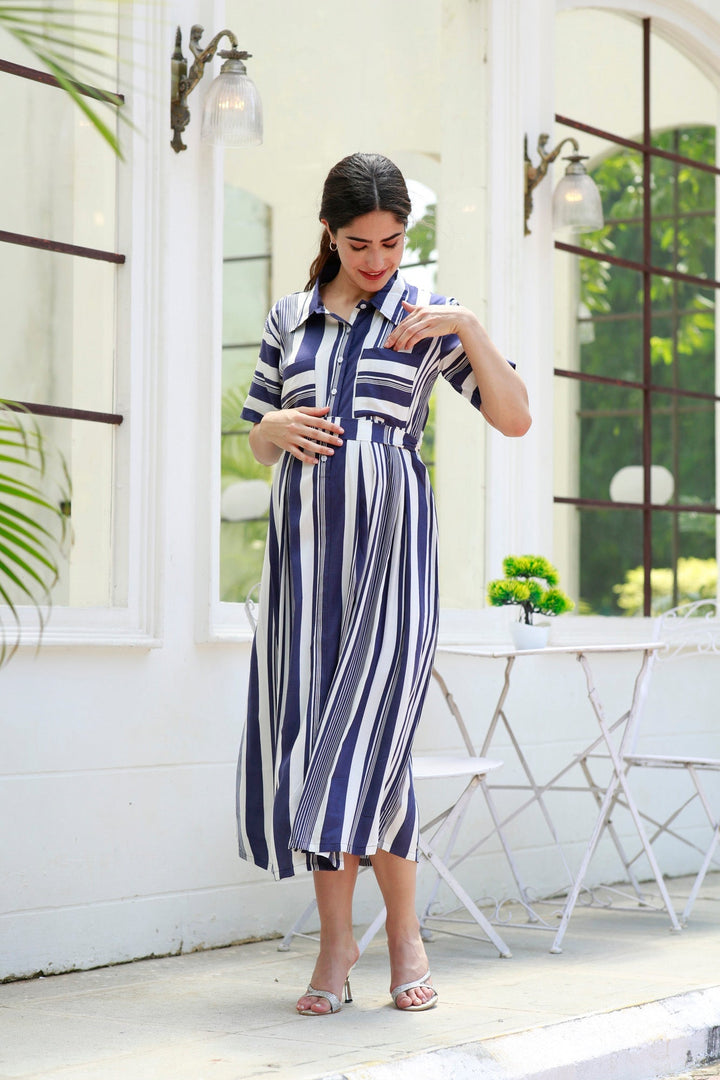 Breezy Navy Blue Striped Maternity & Nursing Dress momzjoy.com