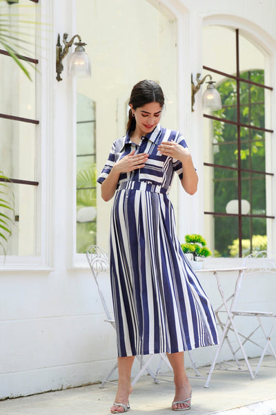 Breezy Navy Blue Striped Maternity & Nursing Dress momzjoy.com