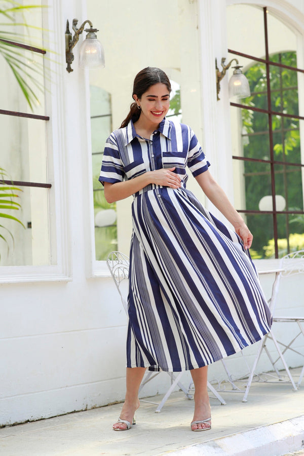 Breezy Navy Blue Striped Maternity & Nursing Dress momzjoy.com