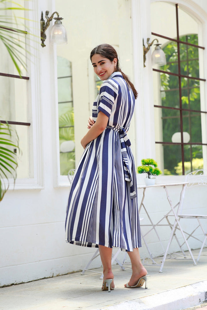 Breezy Navy Blue Striped Maternity & Nursing Dress momzjoy.com