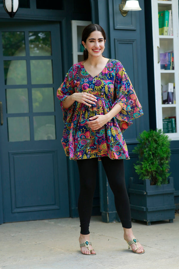 Jolly Floral Blue Maternity Poncho Top MOMZJOY.COM