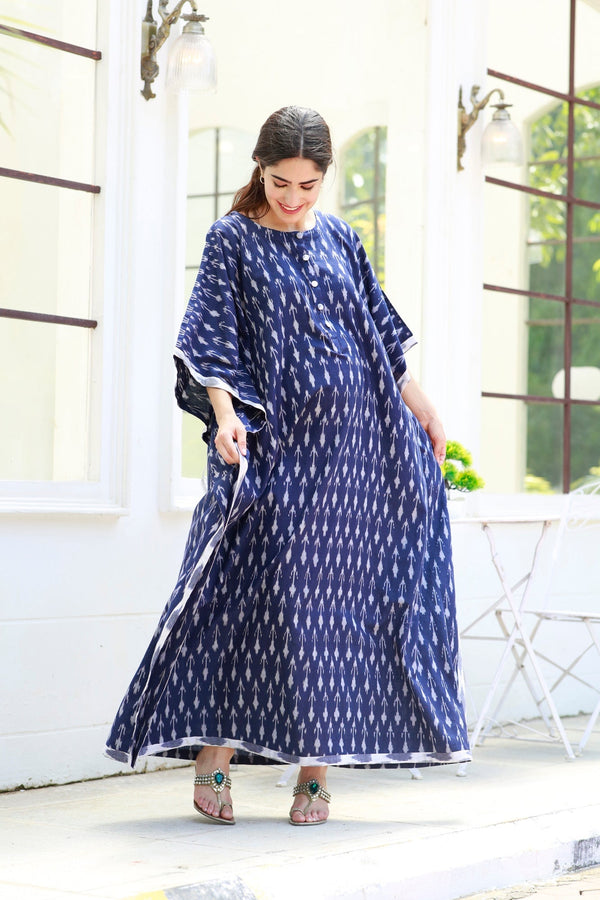 Elegant Indigo Ikat Maternity & Nursing Kaftan (100% Cotton) momzjoy.com