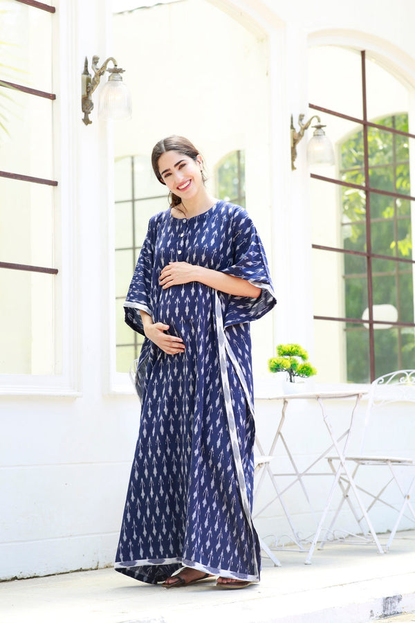 Elegant Indigo Ikat Maternity & Nursing Kaftan (100% Cotton) momzjoy.com