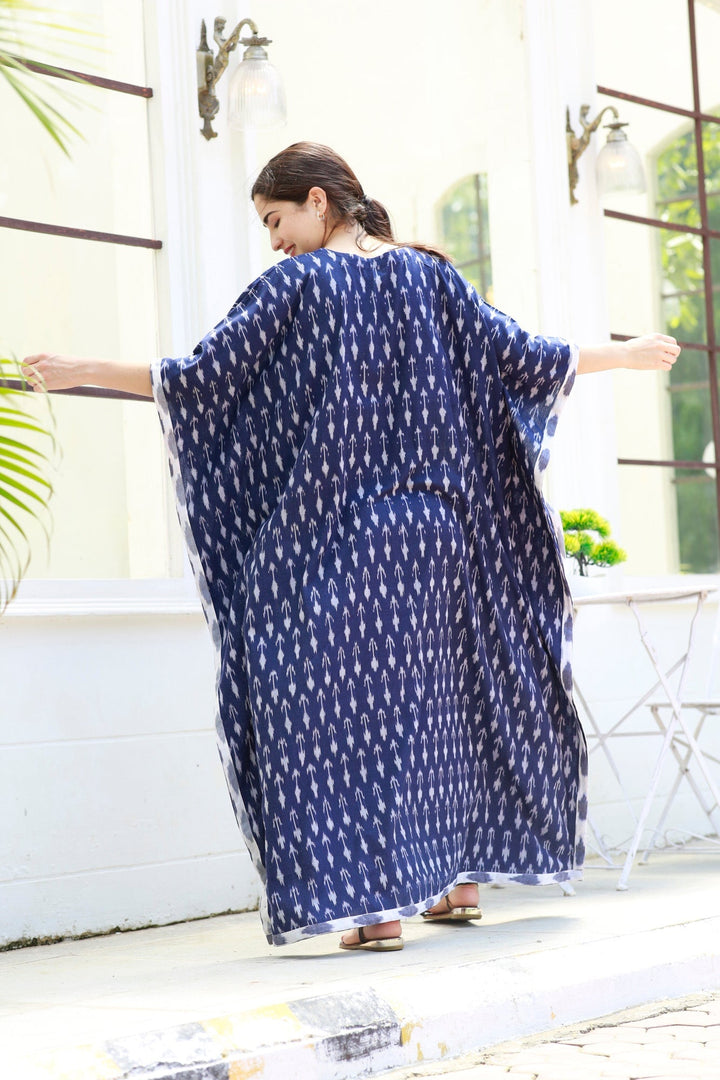 Elegant Indigo Ikat Maternity & Nursing Kaftan (100% Cotton) momzjoy.com