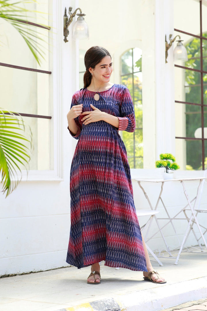 Ikat Side Slit Pink Long Nursing Dress (100% Cotton) MOMZJOY.COM