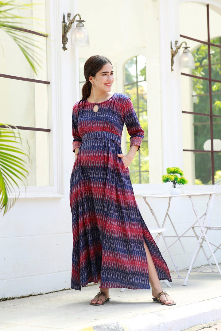 Ikat Side Slit Pink Long Nursing Dress (100% Cotton) MOMZJOY.COM