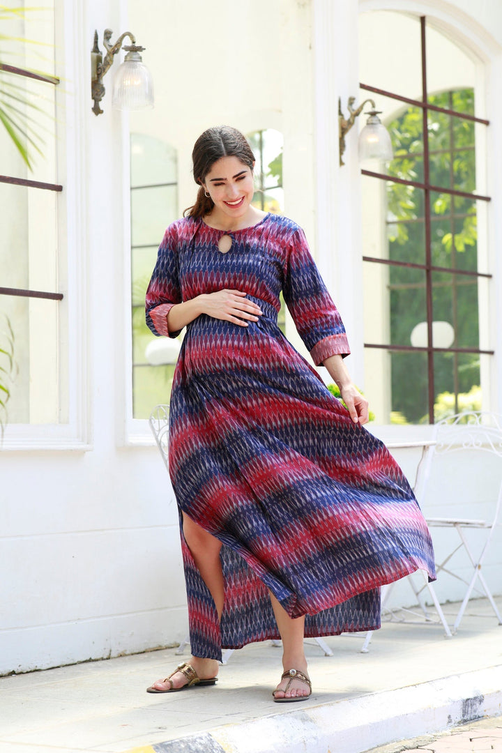 Ikat Side Slit Pink Long Nursing Dress (100% Cotton) MOMZJOY.COM