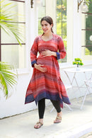 Graceful Reddish Ikat Front Zip Maternity & Nursing Kurta (100% Cotton) MOMZJOY.COM