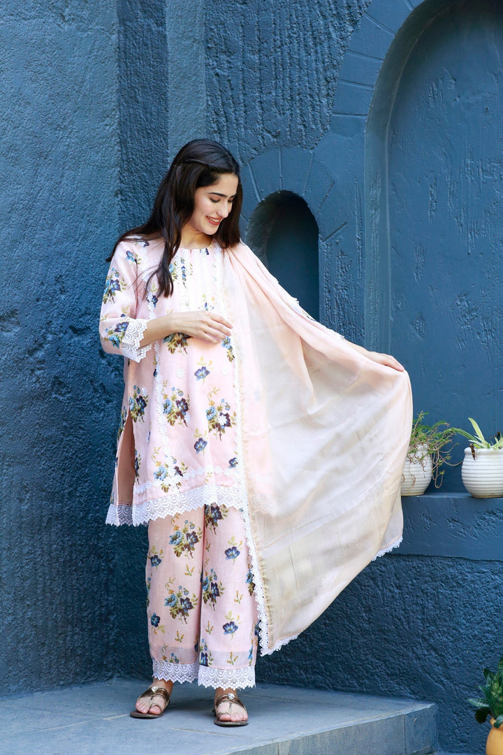 Luxe Coral Peach Maternity & Nursing Kurta + Bump Band Bottom + Dupatta (3 Pc) momzjoy.com