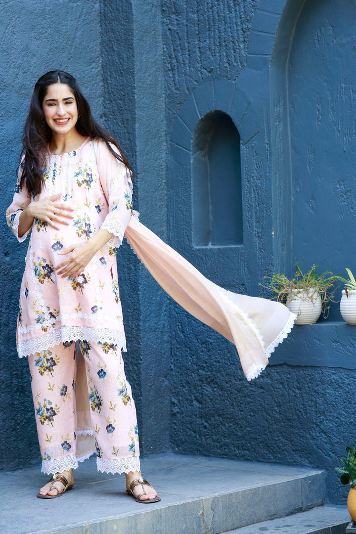 Luxe Coral Peach Maternity & Nursing Kurta + Bump Band Bottom + Dupatta (3 Pc) momzjoy.com