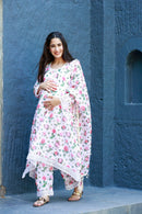 Ivory Rosy Pink Maternity & Nursing Kurta + Bump Band Bottom + Dupatta (3 Pc) momzjoy.com