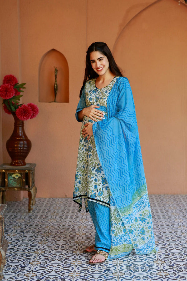 Cerulean Blooming Maternity & Nursing Kurta + Bump Band Bottom + Dupatta (3 Pc) (100% Cotton) momzjoy.com