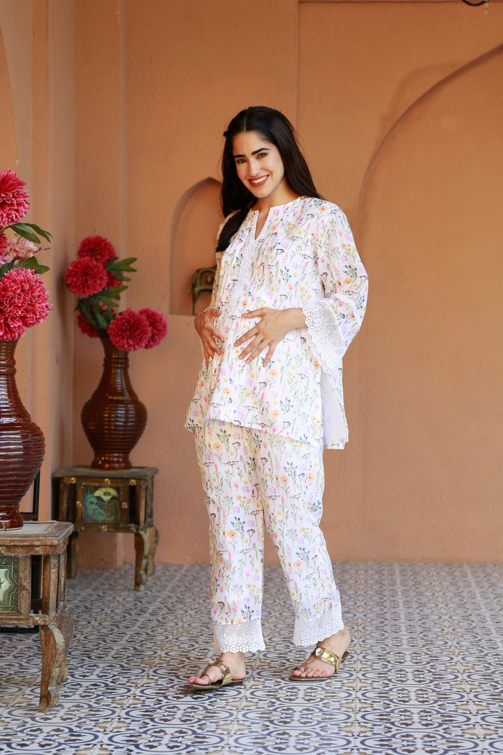 Premium Tropical White Maternity Pintucks Kurta + Bump Band Bottom (2 Pc) momzjoy.com