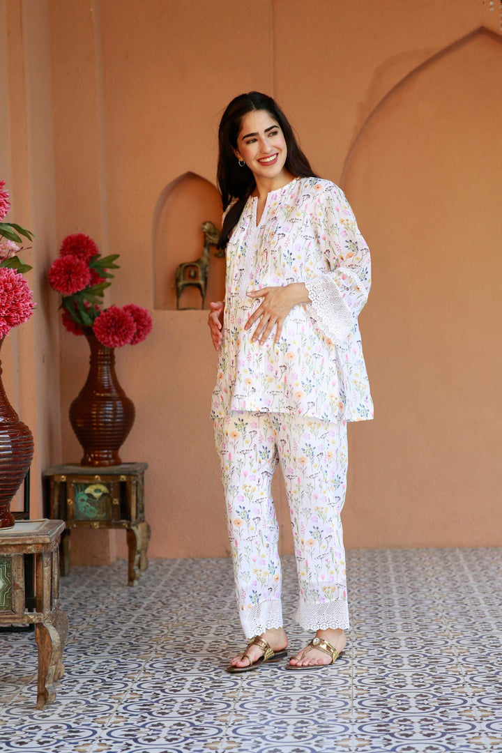 Premium Tropical White Maternity Pintucks Kurta + Bump Band Bottom (2 Pc) momzjoy.com