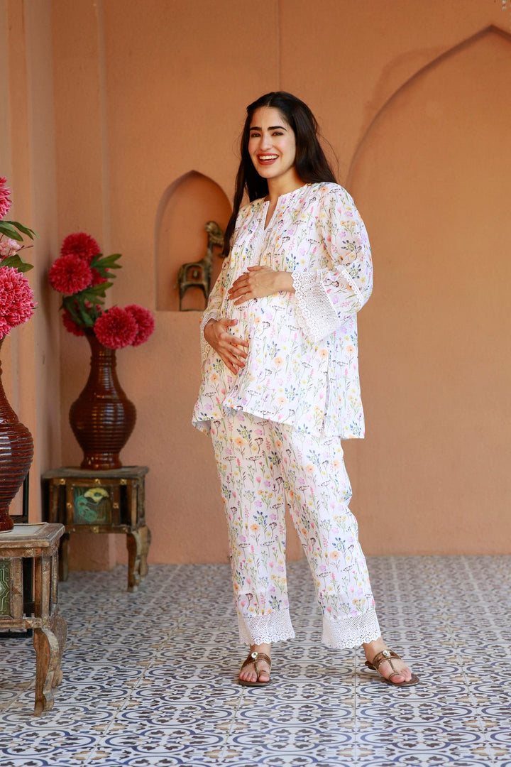 Premium Tropical White Maternity Pintucks Kurta + Bump Band Bottom (2 Pc) momzjoy.com