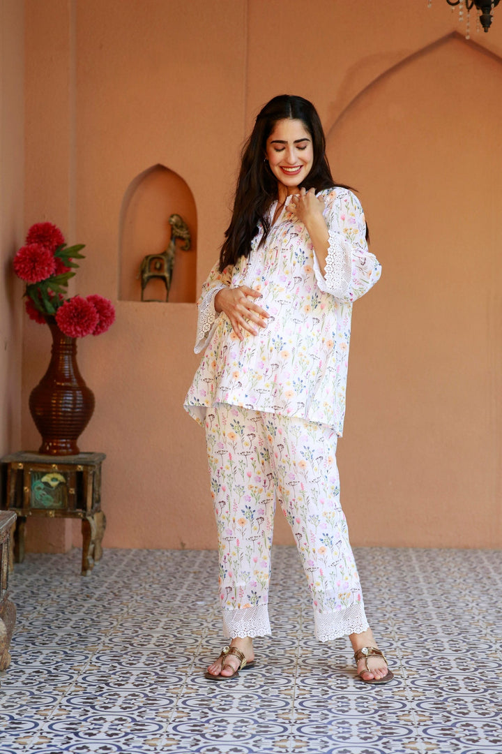 Premium Tropical White Maternity Pintucks Kurta + Bump Band Bottom (2 Pc) momzjoy.com