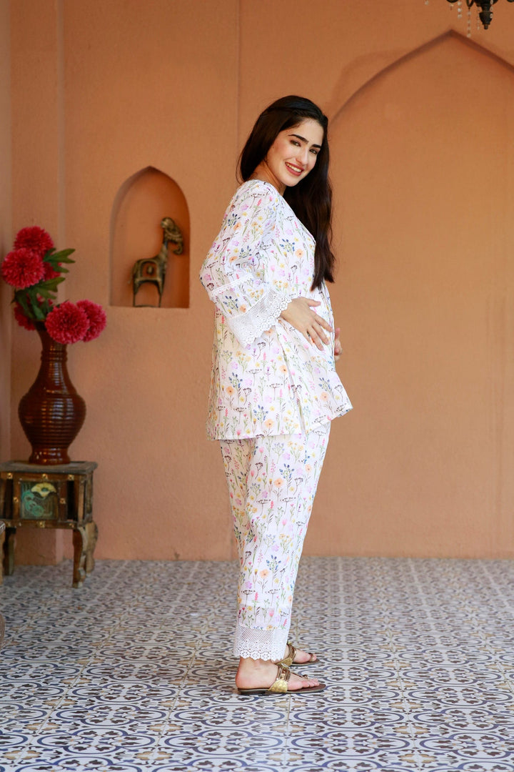 Premium Tropical White Maternity Pintucks Kurta + Bump Band Bottom (2 Pc) momzjoy.com