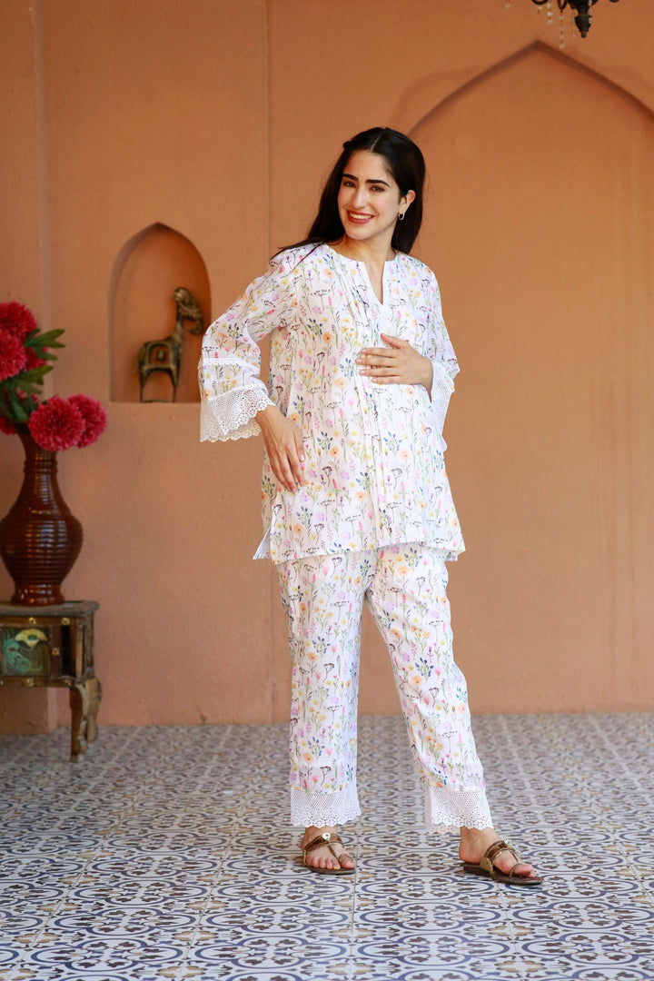 Premium Tropical White Maternity Pintucks Kurta + Bump Band Bottom (2 Pc) momzjoy.com