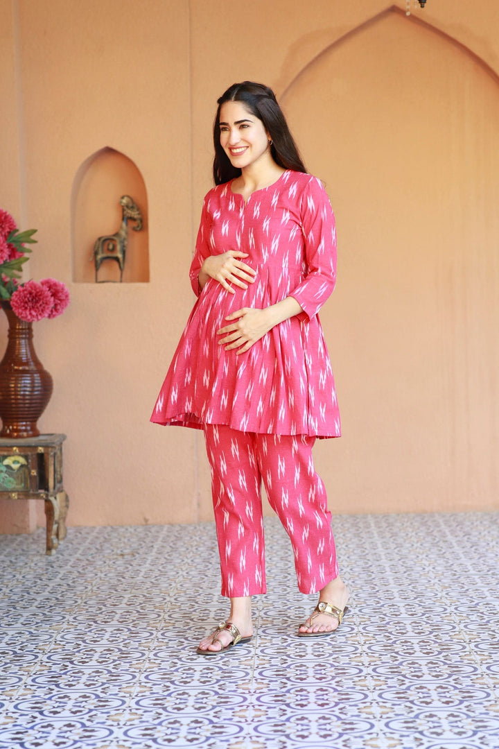 Homey Fuchsia Ikat Maternity & Nursing Lounge Coord Set (2Pc) (100% Cotton) momzjoy.com