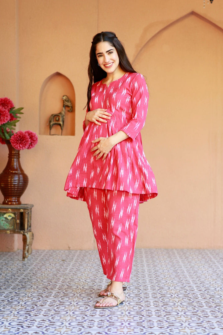 Homey Fuchsia Ikat Maternity & Nursing Lounge Coord Set (2Pc) (100% Cotton) momzjoy.com