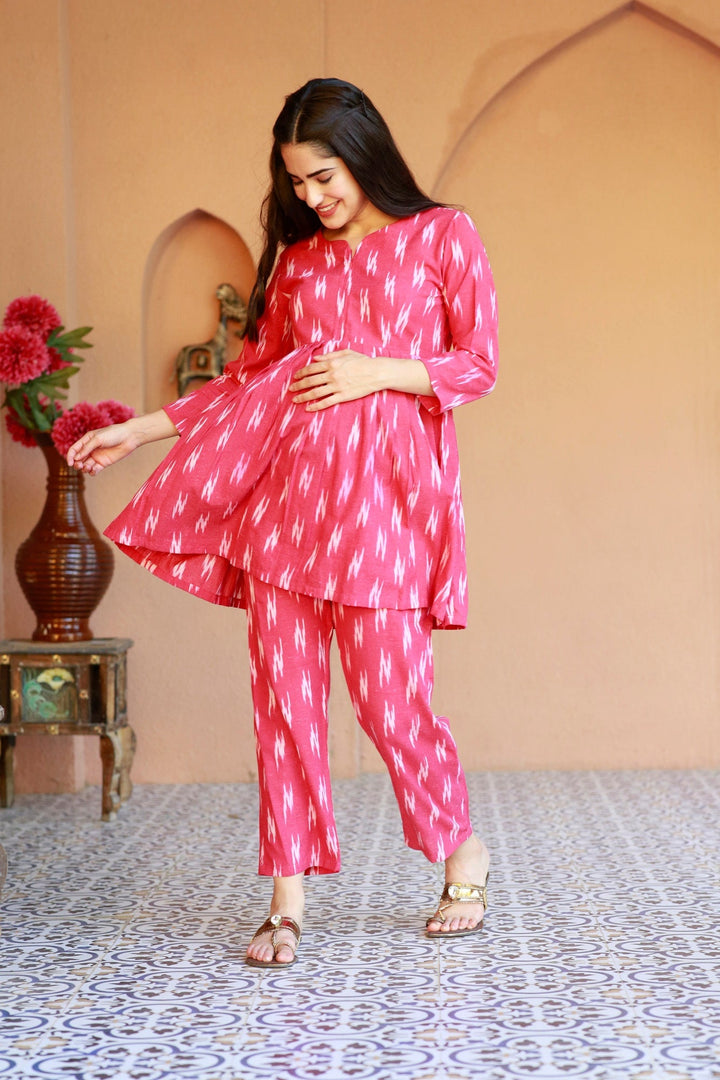 Homey Fuchsia Ikat Maternity & Nursing Lounge Coord Set (2Pc) (100% Cotton) momzjoy.com