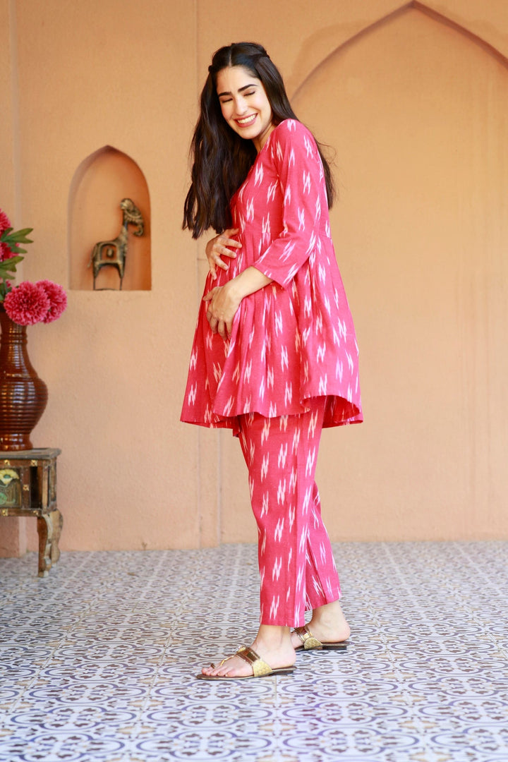 Homey Fuchsia Ikat Maternity & Nursing Lounge Coord Set (2Pc) (100% Cotton) momzjoy.com