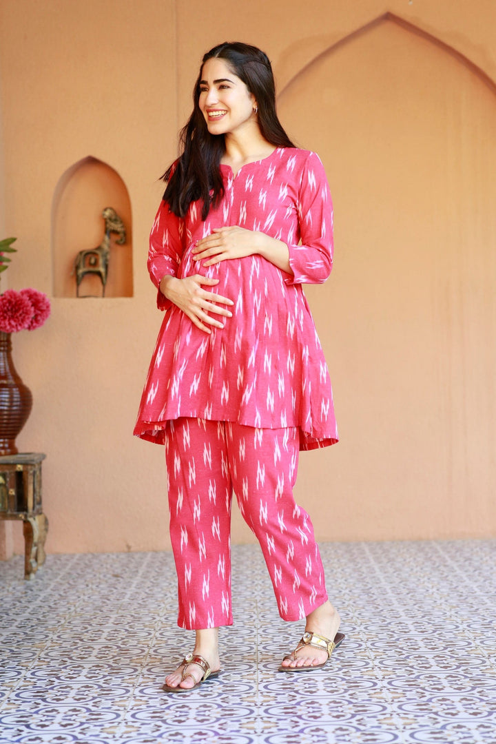 Homey Fuchsia Ikat Maternity & Nursing Lounge Coord Set (2Pc) (100% Cotton) momzjoy.com