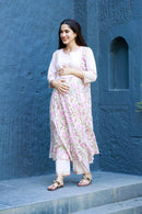Rosy Pink Bloom Maternity & Nursing Kurta + Bump Band Bottom + Dupatta (3 Pc) (100% Cotton) momzjoy.com