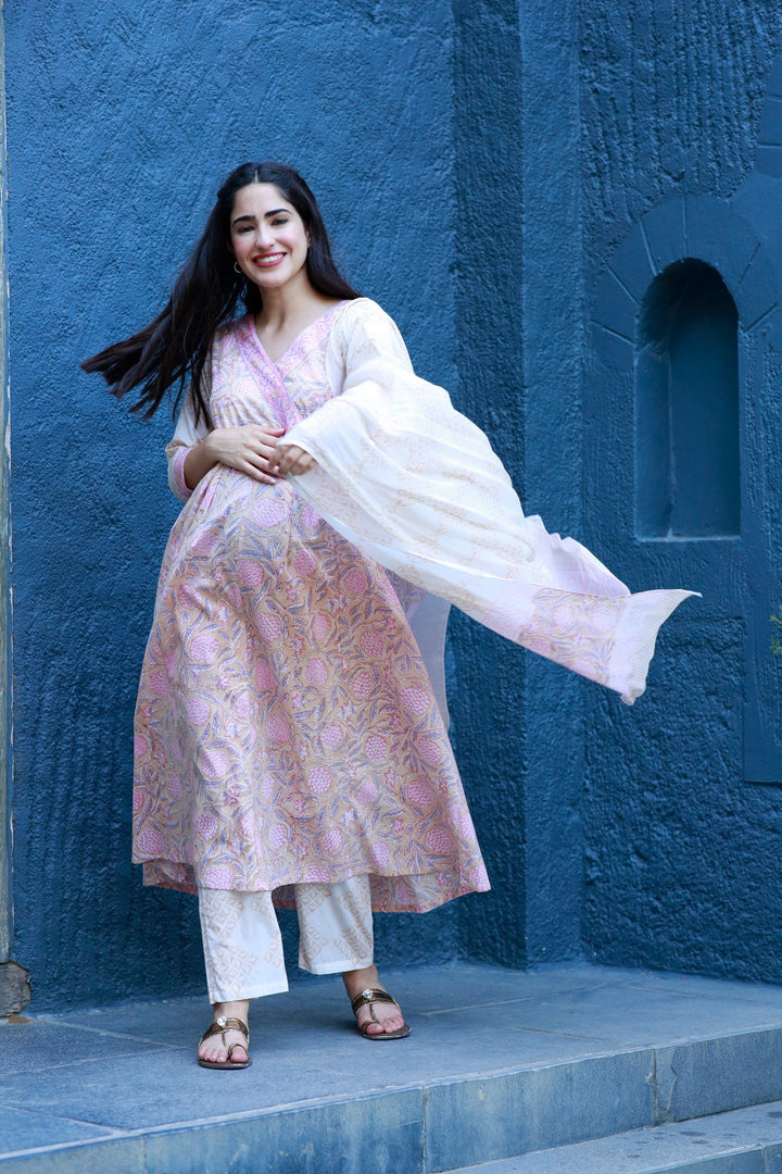 Blushing Pink Maternity & Nursing Kurta + Bump Band Bottom + Dupatta (3 Pc) (100% Cotton) momzjoy.com