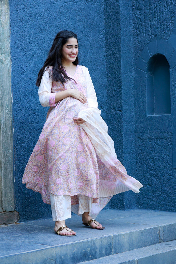 Blushing Pink Maternity & Nursing Kurta + Bump Band Bottom + Dupatta (3 Pc) (100% Cotton) momzjoy.com