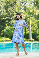Cerulean Blue Flannel Checks Maternity & Nursing Pintuck Dress MOMZJOY.COM