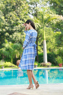 Cerulean Blue Flannel Checks Maternity & Nursing Pintuck Dress MOMZJOY.COM