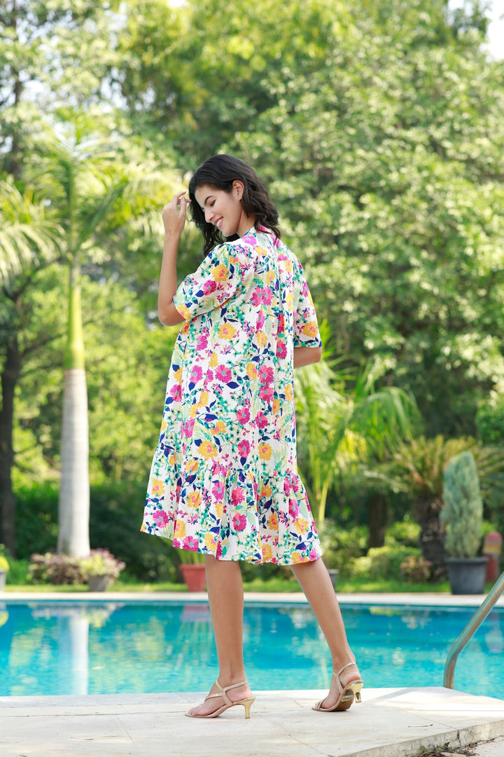 Cute Flower Pop Maternity & Nursing Pintucks Frill Shirt Dress momzjoy.com