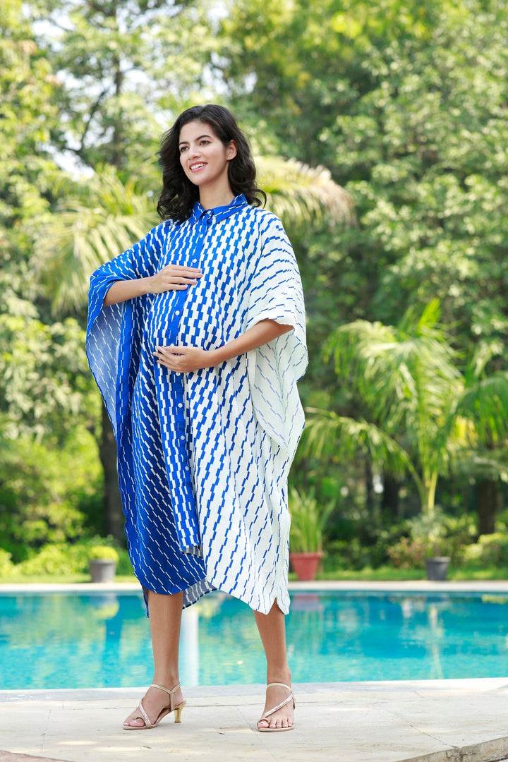 Chic Nautical Azure Blue Maternity & Nursing Kaftan Shirt Dress MOMZJOY.COM