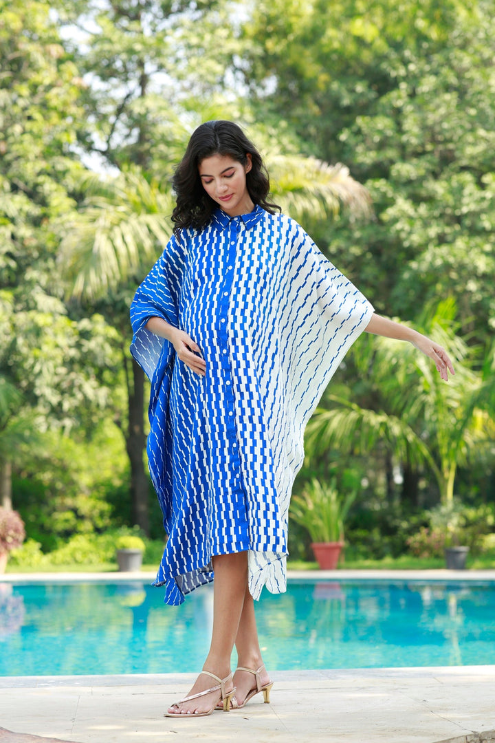 Chic Nautical Azure Blue Maternity & Nursing Kaftan Shirt Dress MOMZJOY.COM