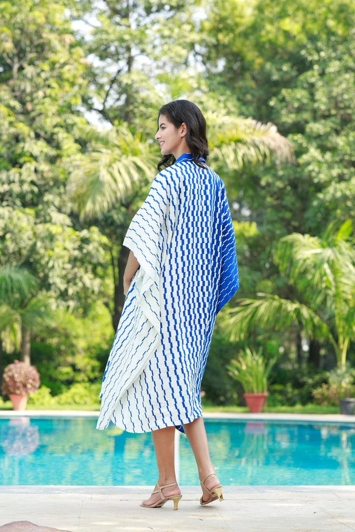 Chic Nautical Azure Blue Maternity & Nursing Kaftan Shirt Dress MOMZJOY.COM